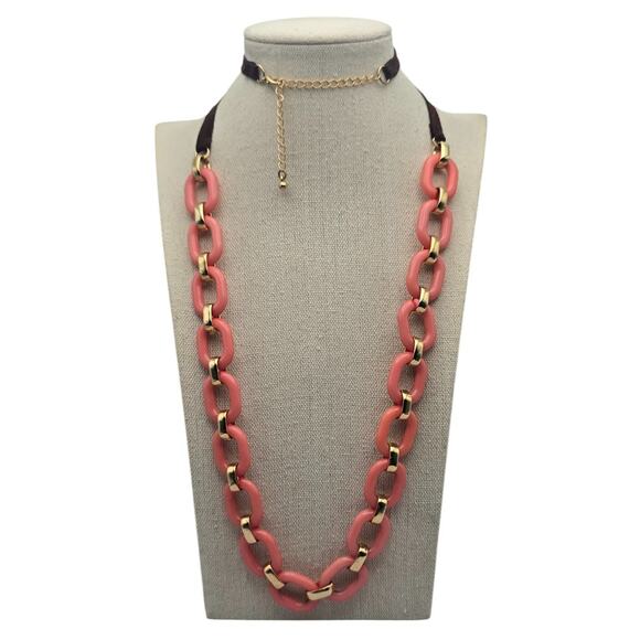 Coral Pink Link Necklace with Brown Suede Detail - Picture 1 of 7